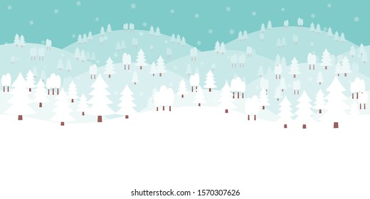 Panoramic horizontal seamless background of white winter scene with pine trees, rolling hills, mountains and falling snow flake in flat cartoon style