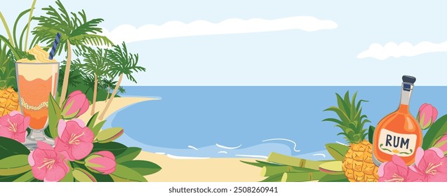 Panoramic horizontal view from tropical island. Vector template for tourist invitations. Paradise lagoon for relaxation. Beach, palms, cocktail, rum, ocean, pineapple, hibiscus flowers in flat style.