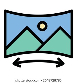 Ilustração em estilo de linha plana de ícone panorâmico representando vistas de grande ângulo e imagens imersivas, adequado para fotografia, passeios virtuais e projetos de visualização de paisagem