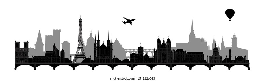 Panoramic illustration of architectural sights of France monochrome vector illustration. Tourism concept with historic architecture. France cityscape with landmarks. France silhouettes.