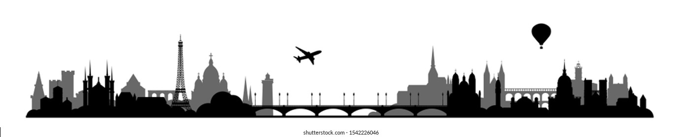 Panoramic illustration of architectural sights of France monochrome vector illustration. Tourism concept with historic architecture. France cityscape with landmarks. France silhouettes.