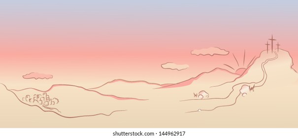 The panoramic illustration of Golgotha and town, vector