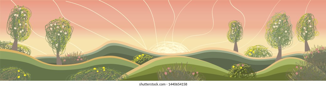 Panoramic illustration. Hills, trees and the sunset sky. Beautiful summer sunset on the background of plants.