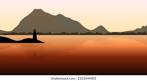 Panoramic illustration of a scene in reddish twilight colours