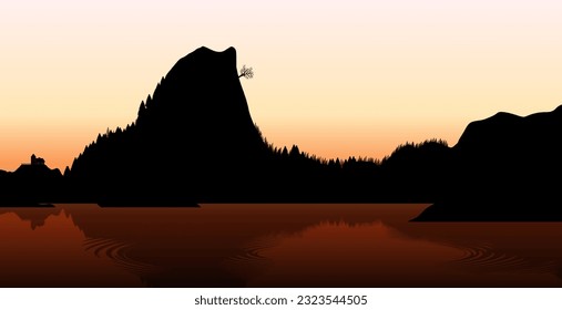 Panoramic illustration of a scene in reddish twilight colours