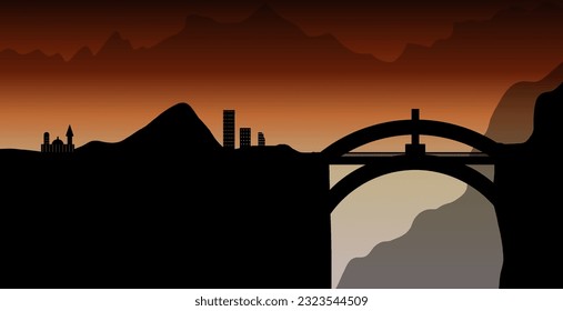 Panoramic illustration of a scene in reddish twilight colours