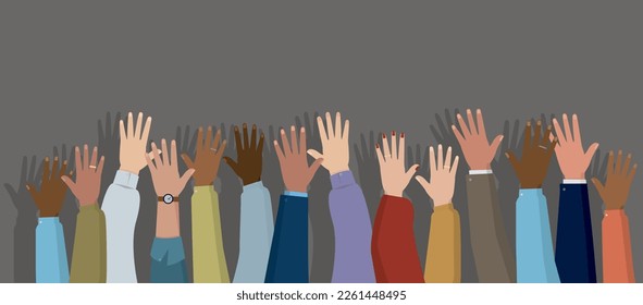 Panoramic illustration showing raised hands of men and women. Voting, freedom and diversity concept. On gray background