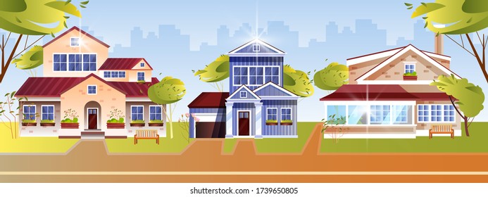 Panoramic illustration with three vintage cottages, cityscape, green trees, front yards. Suburb street view with facades, road, lawn. Village property concept in flat style with cute houses on sale