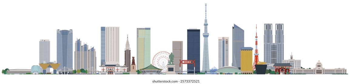 A panoramic illustration of Tokyo's symbolic spots arranged randomly