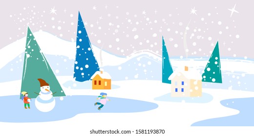 Panoramic illustration, vector, wonderful winter village. Children play outside with a snowman and a snowball. Minimal winter landscape.