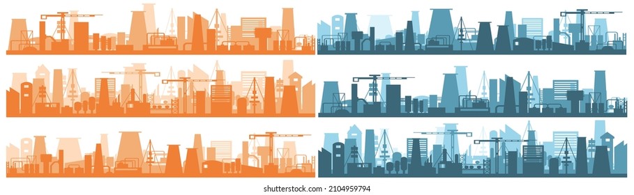 Panoramic industrial silhouette landscape. Industrial part of the city with factory, oil refineries and power plants. Cartoon flat industrial panoramic area. Vector illustration in flat style. 