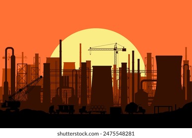 Paisaje panorámico de silueta industrial. Fumando pipas de fábrica. Plantar tuberías, cielo con sol. Emisiones de dióxido de carbono. Contaminación ambiental. Contaminación del medio ambiente por CO2. Ilustración vectorial