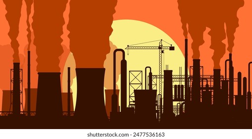 Paisaje panorámico de silueta industrial. Fumando pipas de fábrica. Plantar tuberías, cielo con sol. Emisiones de dióxido de carbono. Contaminación ambiental. Contaminación del medio ambiente por CO2. Ilustración vectorial