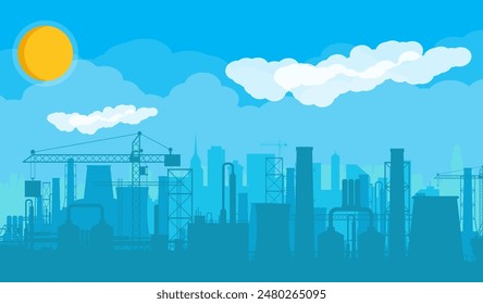 Paisaje panorámico de silueta industrial. Fumando pipas de fábrica. Plantar tuberías, cielo con sol. Emisiones de dióxido de carbono. Contaminación ambiental. Contaminación del medio ambiente por CO2. Ilustración vectorial