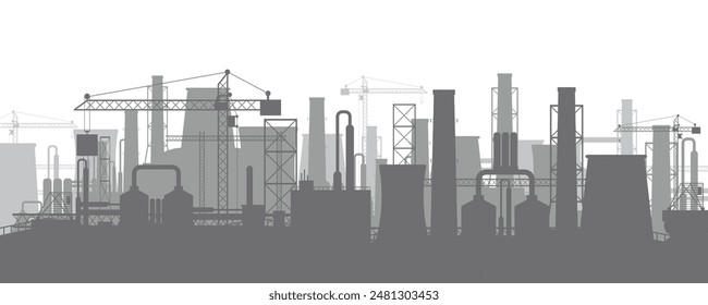 Paisaje panorámico de silueta industrial. Fumando pipas de fábrica. Plantar tuberías, cielo con sol. Emisiones de dióxido de carbono. Contaminación ambiental. Contaminación del medio ambiente por CO2. Ilustración vectorial