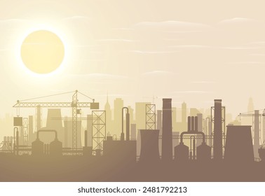 Panoramic industrial silhouette landscape. Smoking factory pipes. Plant pipes, sky with sun. Carbon dioxide emissions. Environment contamination. Pollution of environment co2. Vector illustration