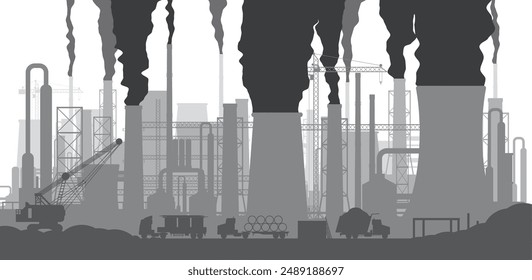 Paisaje panorámico de silueta industrial. Fumando pipas de fábrica. Plantar tuberías, cielo con sol. Emisiones de dióxido de carbono. Contaminación ambiental. Contaminación del medio ambiente por CO2. Ilustración vectorial