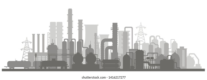 Panoramic industrial silhouette landscape. Stock vector illustration of an industrial zone with chemical factories, plants, train tanker in the flat style 