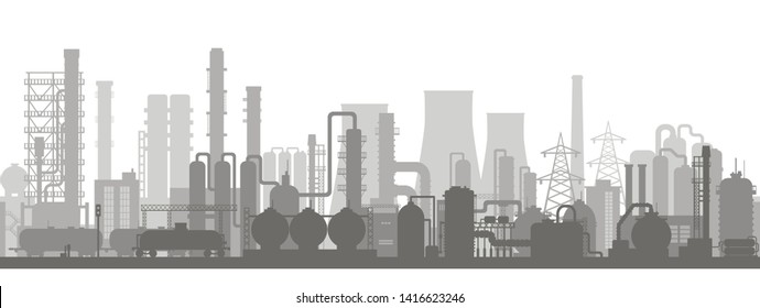 Panoramic industrial silhouette landscape. Stock vector background in flat style. Industry and construction theme. - Shutterstock ID 1416623246