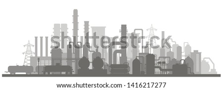 Panoramic industrial silhouette landscape. Stock vector illustration of an industrial zone with chemical factories, plants, train tanker in the flat style 