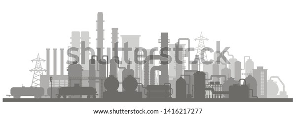 Panoramic industrial silhouette\
landscape. Stock vector illustration of an industrial zone with\
chemical factories, plants, train tanker in the flat style\
