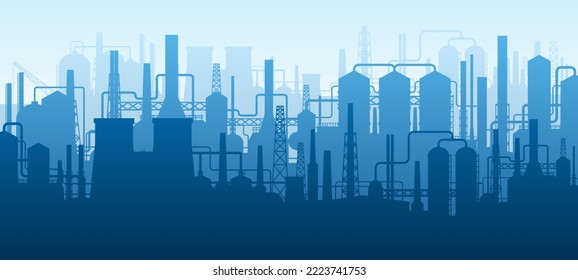 Panoramasilhouette. Fabrikgebäude der Ölindustrie, Raffineriekomplex mit Rohrleitungen und Panzerlandschaft. Vektorgrafik. Verschmutzung, Smog und Rauch in der Produktion