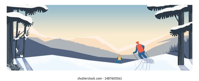 Panoramic landscape of 2 skiers skiing at the mountain in the morning while sun rising.Advanture Challenge  activities in winter season concept.