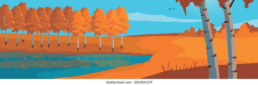 Panoramic landscape autumn birch grove and blue lake - Vector illustration