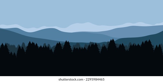 Panoramic landscape background. Dark blue mountains landscape with silhouette forest. Vector illustration