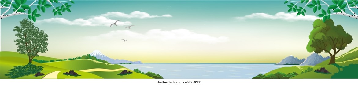 Panoramic landscape - Bay. Sea views from the hills. The trees on the hill. Wildlife. The mountains on the horizon. Vector illustration