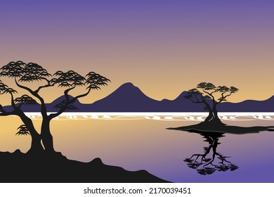 Panoramic landscape of beach with silhouette of mangrove trees in pastel colors