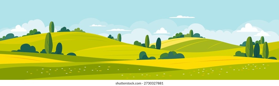 Paisaje panorámico de hermosos campos, prados en flor y colinas. Vista panorámica de verano de campos verdes y prados. Ilustración vectorial de la naturaleza de verano.