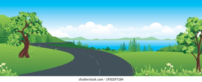 Panoramic landscape cartoon illustration, natural banner, beautiful rural scenery, summer panorama, green highlands, road and lake