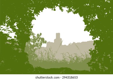 Panoramic landscape with castle, grass, plants and silhouettes of trees