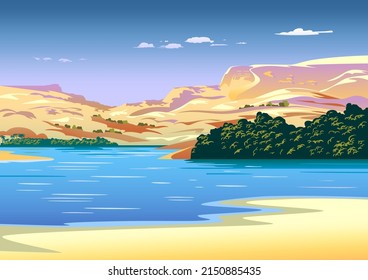 Panoramic landscape with coast, lake and mountains in the background. Handmade drawing vector illustration. 