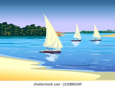 Panoramic landscape with coast, sea, sailboats and islands in the background. Handmade drawing vector illustration. 