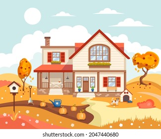 Panoramic Landscape Of The Countryside In The Autumn Period. Autumn Landscape With A Traditional Country House, A Vegetable Garden And A Garden. Family Home. Flat Vector Illustration
