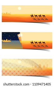 Panoramic Landscape of the Desert. Caravan of Camels Goes to the Arabic Oasis. Silhouette Design in a Flat Style. Vector Illustration