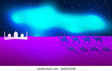 Panoramic Landscape of the Desert. Caravan of Camels Goes to the Arabic Oasis at Night. Aurora Borealis in Tropics. Vector Illustration