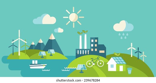 Panoramic landscape with ecology concept. Landscape with buildings, transport and nature ecology elements in flat style 