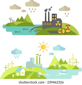 Panoramic landscape with ecology concept and concept pollution. Landscape with environmental contamination and nature ecology elements in flat style 