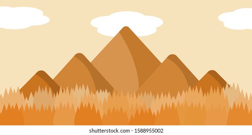 Panoramic landscape features pesky mountains and pine forest.