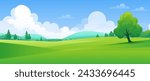 A panoramic landscape featuring a green valley with trees, meadows, and hills under a blue sky. Ideal for illustrating the beauty of nature in summer. Copy space for various projects. Not AI.
