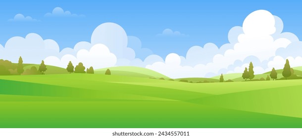 A panoramic landscape featuring a green valley with trees, meadows, and hills under a blue sky. Ideal for illustrating the beauty of nature in summer. Copy space for various projects. Not AI.