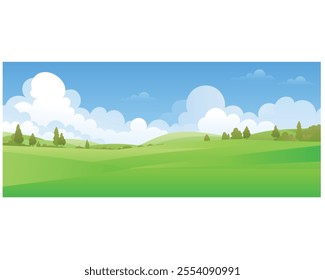 A panoramic landscape featuring a green valley with trees, meadows, and hills under a blue sky vector