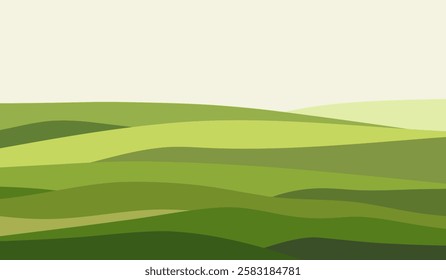 Panoramic landscape of fields, meadows, hills. Spring green layered minimalist abstract background. Graphic illustration of beautiful fresh earth. An element for a banner, poster, or flat design