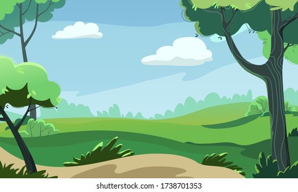 
Panoramic landscape with green trees, lawns flooded with sunbeams, bushes and a pair of clouds. The atmosphere of a summer sunny day. Vector illustration in flat style.