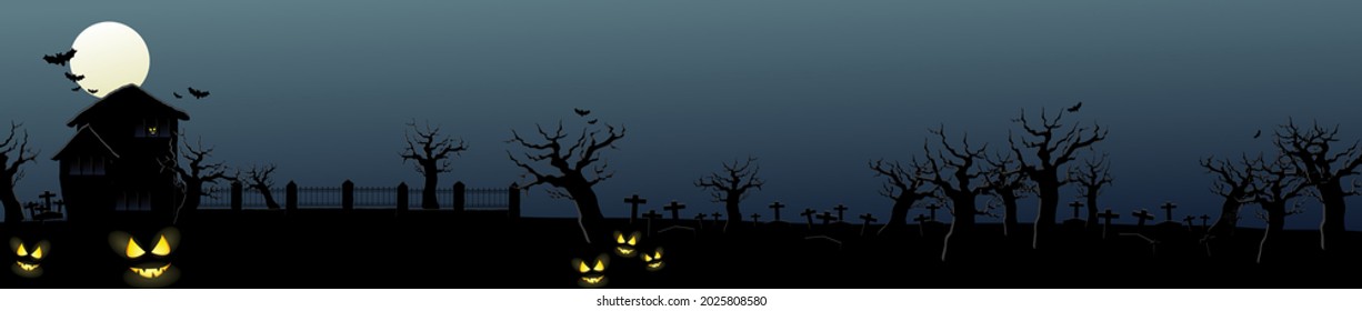 Panoramic landscape of a haunted house surrounded by trees and graves at night