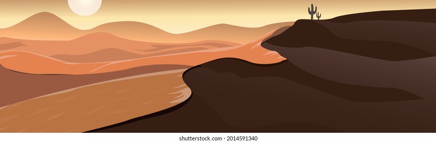 Panoramic landscape hot desert, sand dunes - Vector illustration