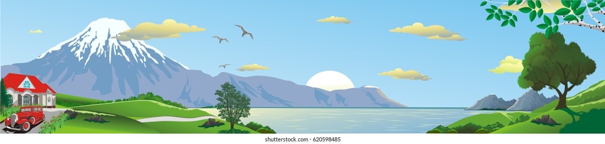 Panoramic landscape - morning over the Bay. The view from the hill. Mountains over the sea. The tree on the hill. A country cottage. Retro car. Vector illustration